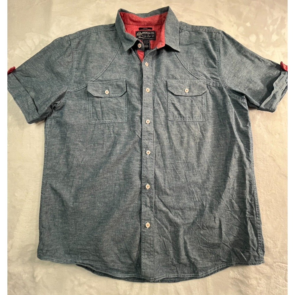 American Rag Cie Mens L Shirt Chambray Cotton‎ Linen Light Blue Button Front